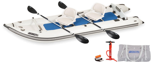 Sea Eagle 437ps PaddleSki Inflatable 1-2 Person Catamaran Boat – Paddle, Motor, Fish, or Sail – 4-in-1 Inflatable Watercraft – Self Bailing (437ps PaddleSki Swivel Seat Package)
